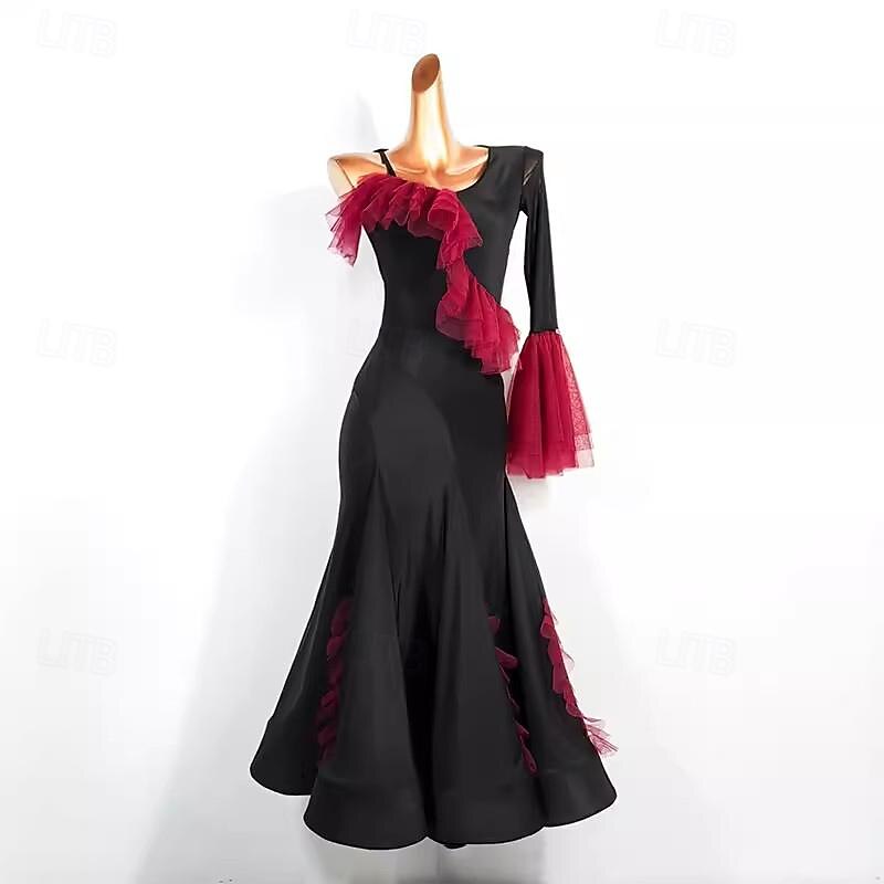 Ballroom Dance Dress Ruffles Pure Color Splicing Women's Performance Party Long Sleeve Polyester Mesh