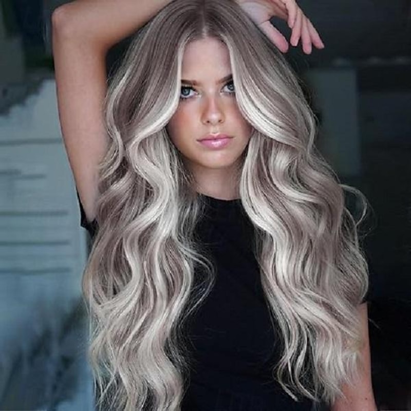 Blonde Wig for Women Long Wavy Wig with Dark Roots  26 Inch Middle Part Synthetic Fiber Hair for Daily Party Use Halloween Wigs