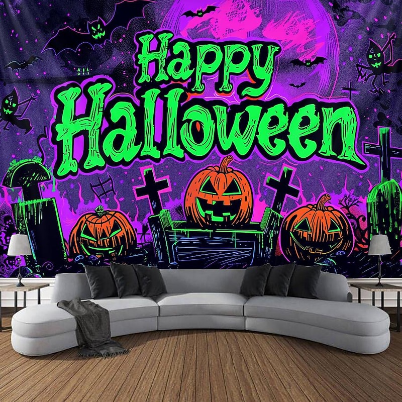 Halloween Decorations Pumpkin Blacklight Tapestry UV Reactive Glow in the Dark Forest Trippy Mountain Misty Graveyard Ghost Hanging Tapestry Wall Art Mural for Living Room Bedroom