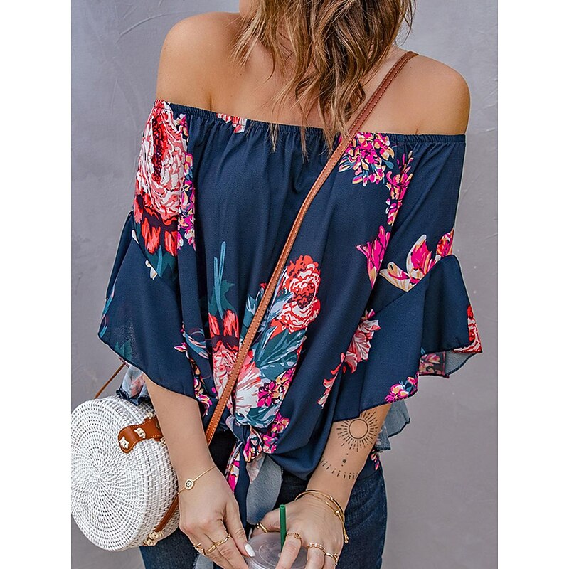 Women's Shirt Blouse Floral Striped Casual Half Sleeve Off Shoulder Regular Tops Vacation Daily Lace up Print Blue Spring & Summer3