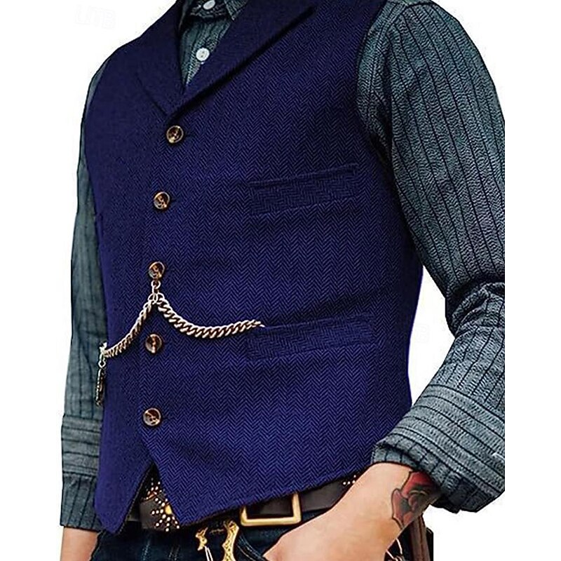 Men's Vest Gilet Wedding Event / Party Daily Fashion Business Spring & Summer Button Pocket Thick Chain Polyester Comfortable Plain Single Breasted One-button Lapel Regular Fit Black Burgundy Navy3