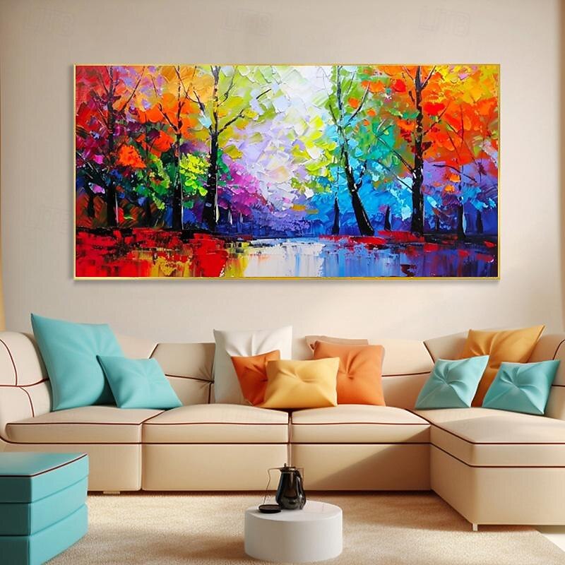 Handmade Autumn Colorful Forest Landscape Hand Painted Oil Painting Large Birch Tree Wall Art Gift Texture Custom Home Decor No Frame2