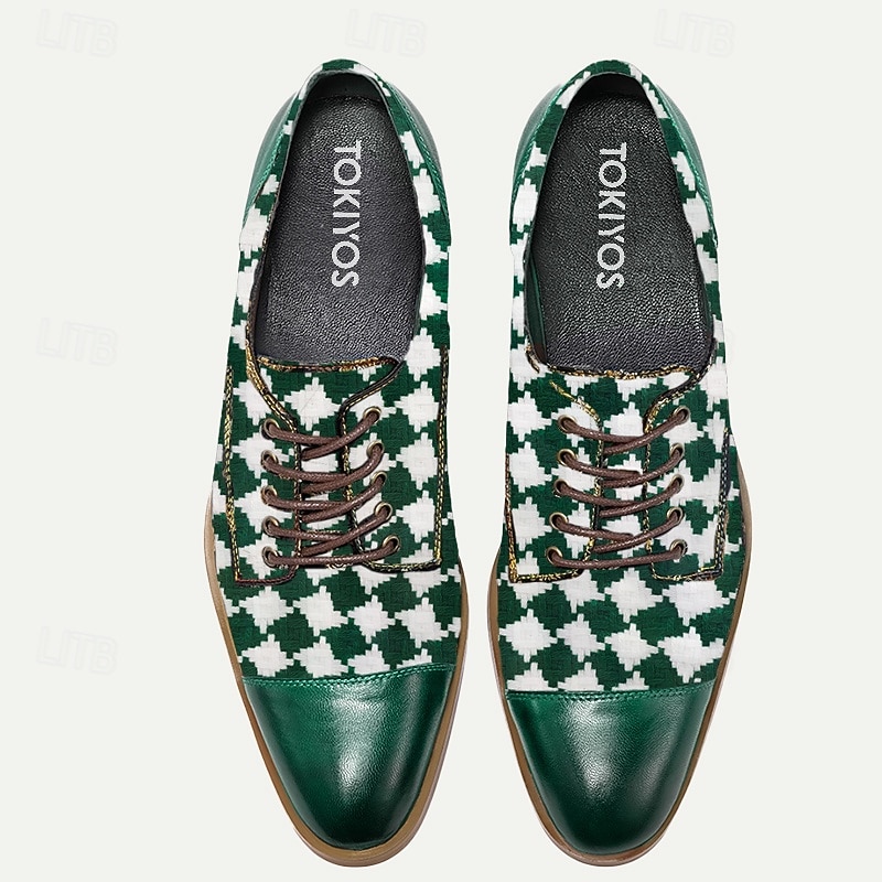Men's Oxfords Plaid Tartan Leather Cowhide Breathable Comfortable Slip Resistant Lace-up Green Fall Winter2