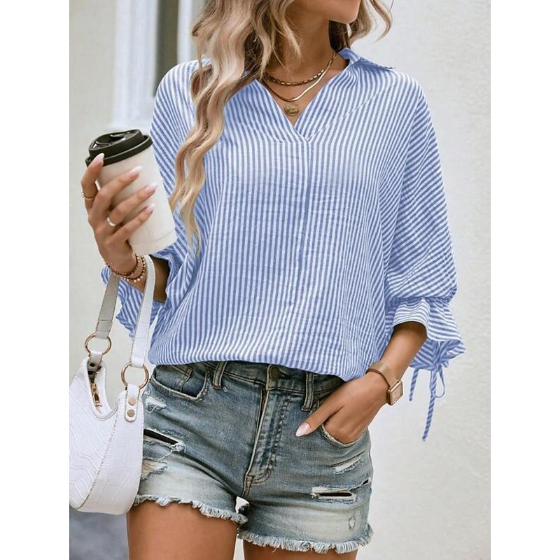 Women's Shirt Striped Elegant Modern 3/4 Length Sleeve Ruffle Sleeve Shirt Collar Work Asymmetric Blue Green Summer Spring Fall2