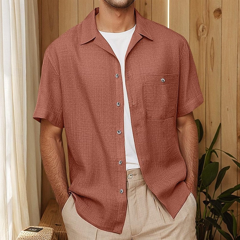 Men's Shirt Linen Shirt Cuban Collar Shirt Black Blue Brown Green Short Sleeve Solid Color Spring & Summer Street Daily Clothing Apparel3