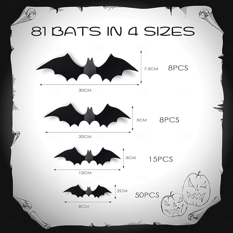 Halloween Bats Decoration-Halloween Bat Wall Decor-Halloween Party Indoor Outdoor Decorations Scary,81 Pcs Reusable PVC 3D Decorative Scary Bat Wall Stickers,Double-Sided Adhesive Included2