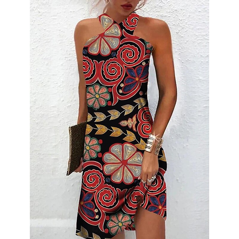 Women's Mini Dress Petite Dress Shift Dress Summer Dress Print Dress Bohemia Vintage Fashion Vacation Casual Daily Loose Fit Graphic Geometric Sleeveless Halter Neck Wine Blue Summer Spring3