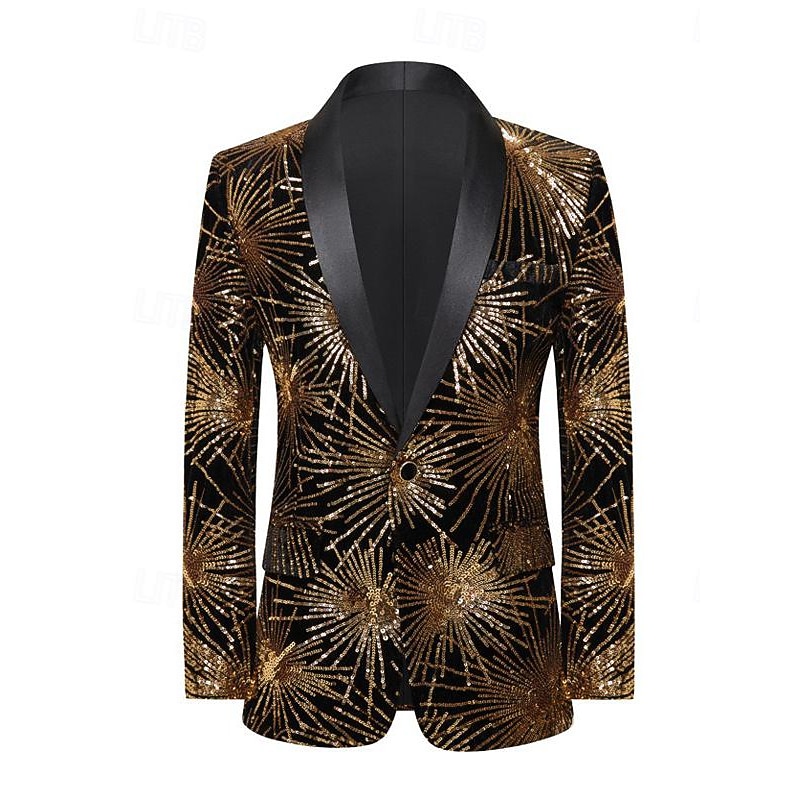 Men's Blazer Jacket Tuxedo Shawl Collar Party Sparkle Sequin Line Blazer Black Gold Tailored Fit2
