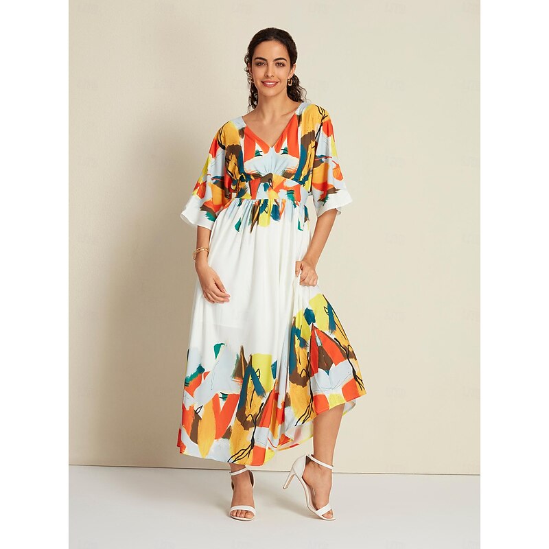 Satin Graphic Tie Back V Neck Half Sleeve Hem Maxi Dress4
