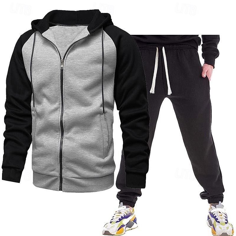 Men's Tracksuit Jogging Suit Drawstring Pocket Color Block Jacket and Sweatpants Athletic Clothing Set Fall Dark Grey Black Gym Workout Jogging Running Thermal Warm Soft Breathable Long Sleeve Sport3