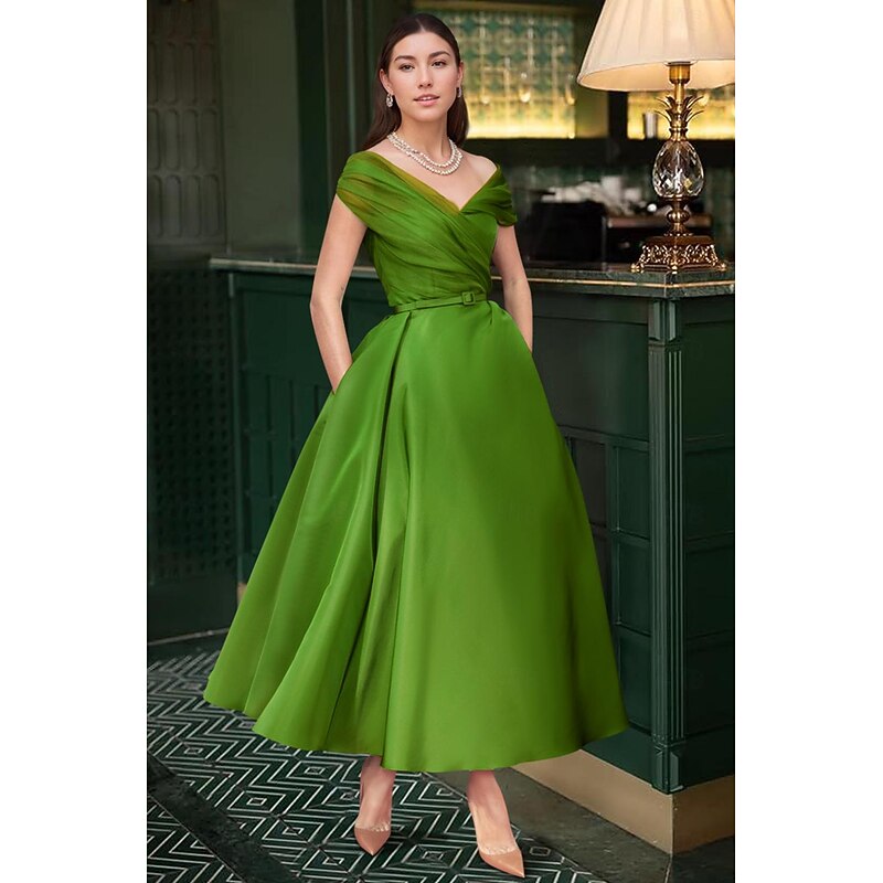 Beach Wedding A-Line Cocktail Dresses Elegant Dress Wedding Guest Summer Ankle Length Sleeveless Off Shoulder Fall Wedding Guest Satin with Ruched Dresses2