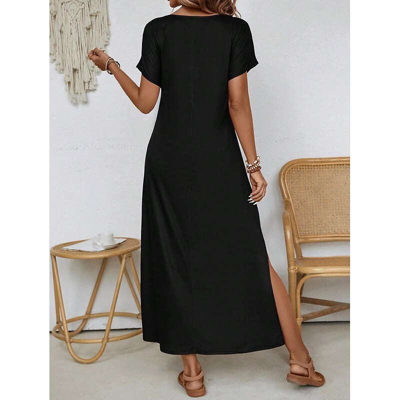 Women's Maxi Dress Sundress Shift Dress A Line Dress Ethnic Casual Drop Shoulder Daily Loose Fit Graphic Short Sleeve V Neck Black Summer2