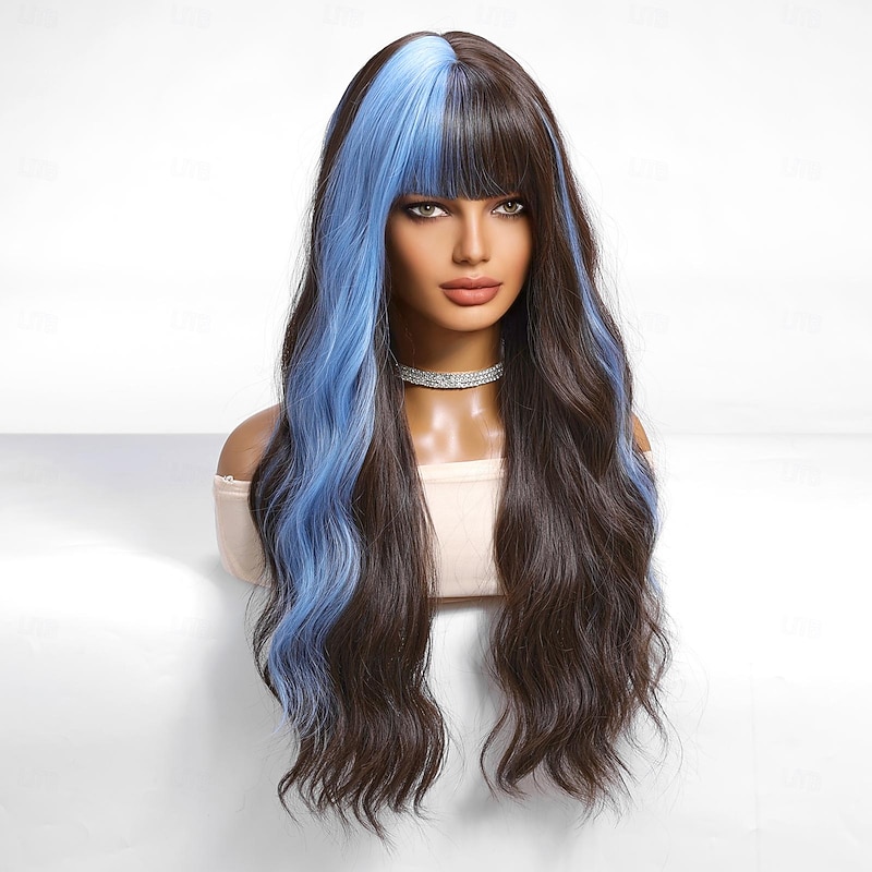 Synthetic Wig Uniforms Career Costumes Princess Straight kinky Straight Middle Part Layered Haircut Machine Made Wig 26 inch Black / Sapphire Blue Synthetic Hair Women's Cosplay Party Fashion Natural3