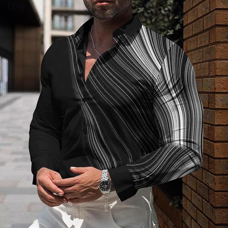 Men's Geometric Pattern Line Button Up Shirt Printed Shirts Long Sleeve Business Casual Formal Daily Fall Winter Spring & Summer Turndown Collared Shirts Buttons Print Black White Red Black-white2