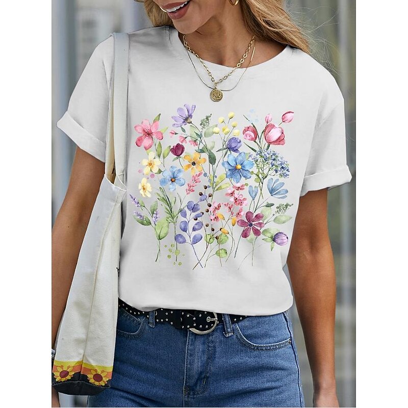 Women's T Shirt Basic Casual Floral Print Short Sleeve Regular Tops Crew Neck Daily Black White Blue Purple Summer2