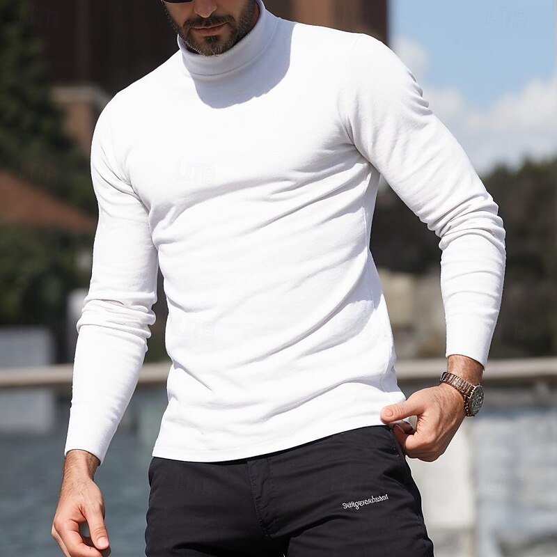 Men's T Shirt Long Sleeve Shirt Mock Turtleneck Long Sleeve Rolled collar Spring &  Fall Plain Fashion Designer Casual Street Sports Holiday Black White Green Top Tee for Men - Main Image