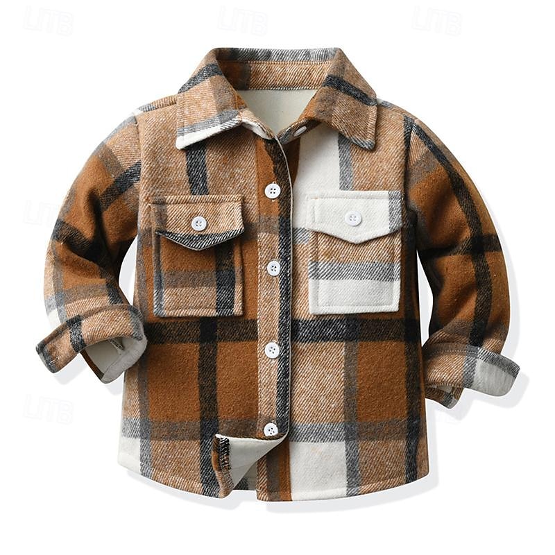 Boys 3D Plaid Shirts Long Sleeve Fall Winter Fashion Basic Kids 4-12 Years Lapel Outdoor Casual Daily Regular Fit