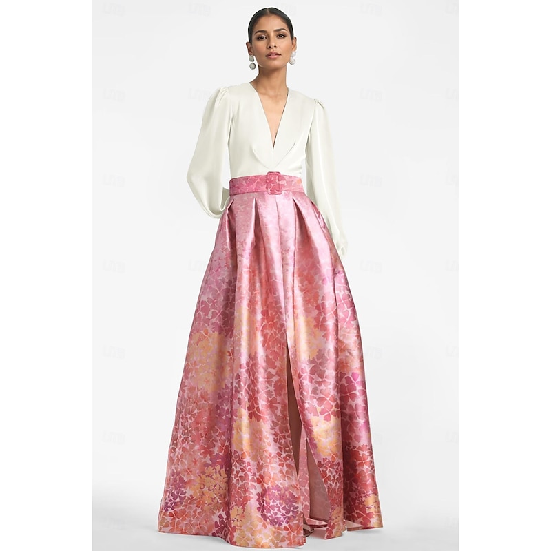 A-Line Evening Gown High Split Dress Formal Wedding Guest Floor Length Long Sleeve V Neck Belt / Sash Satin with Floral Print Slit Wedding Guest Dress3