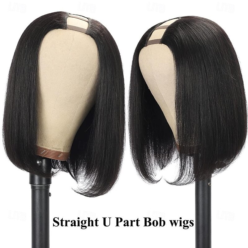 Remy Human Hair Wig Short U Part Straight Bob U Part Short Bob Natural Color Women Soft Easy dressing Capless Brazilian Hair Women's Natural Black #1B 8 inch 10 inch 12 inch Christmas Gifts Vacation2