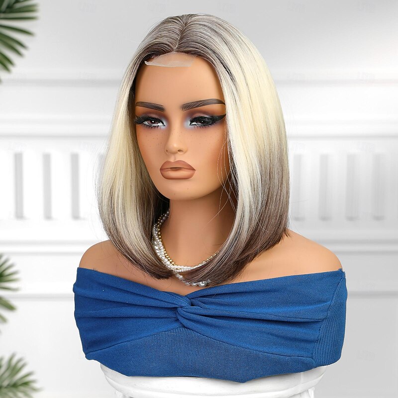 Synthetic Lace Wig Straight Style 14 inch Dark Brown Gold Blonde Ombre Bob U Part Wig Women's Wig Brown / White3
