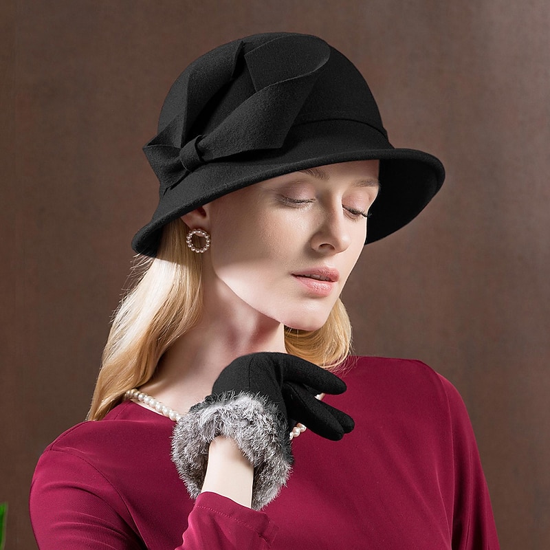 Hats 100% Wool Bowler / Cloche Hat Bucket Hat Fedora Hat Wedding Tea Party Elegant Wedding With Bowknot Pure Color Headpiece Headwear2