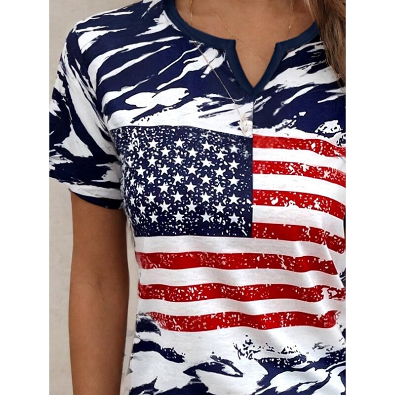 Women's Patriotic  T Shirt American Flag Camo Print Red White And Blue Short Sleeve V Neck Button Detail Casual Summer Top Regular Plus Size Clothing Apparel3