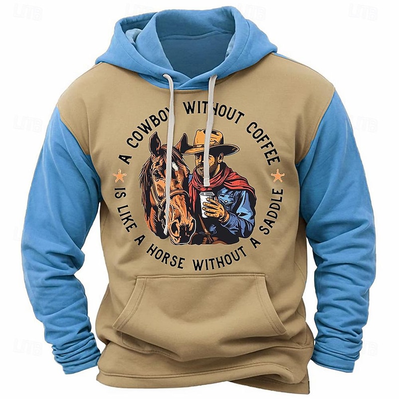 Men's Cowboy Hoodie Hoodies Sweatshirt Fashion Cowboy Long Sleeve Crew Neck Light Brown Blue Fall Winter Designer4