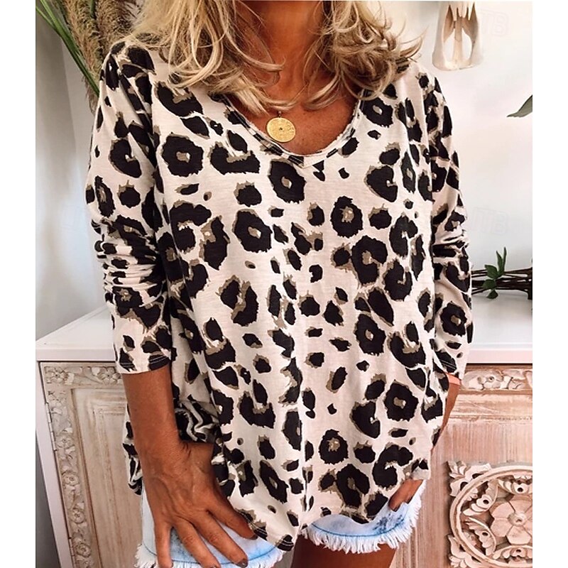 Women's T Shirt Leopard Fashion Long Sleeve V Neck Regular Tops Daily Weekend Print Pink Brown Khaki Gray Spring &  Fall3