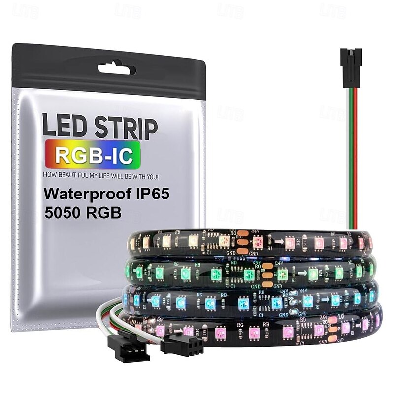 WS2812 RGBIC Addressable LED Strip Light Dream Color Strip Light 8.2FT/16.4FT 20Pixels/m Waterproof Black and White PCB Flexible DC12V Chase Effect Suitable for Indoor and Outdoor Activity Atmosphere Decoration2