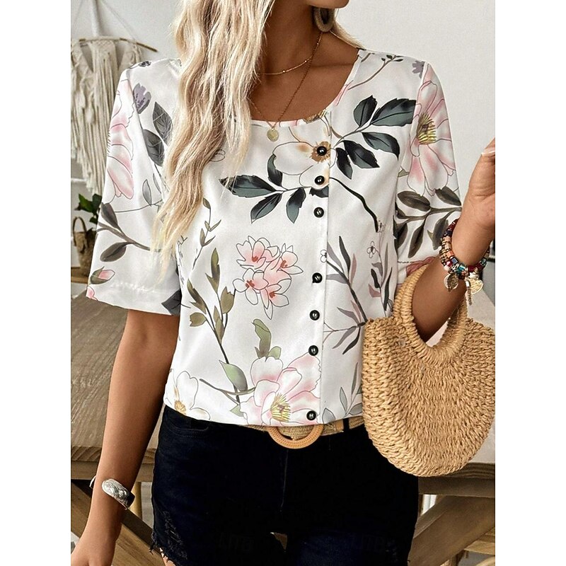Women's Shirt Blouse Elegant Floral Print Short Sleeve Regular Tops Crew Neck Daily Linen Like Light Green Summer3