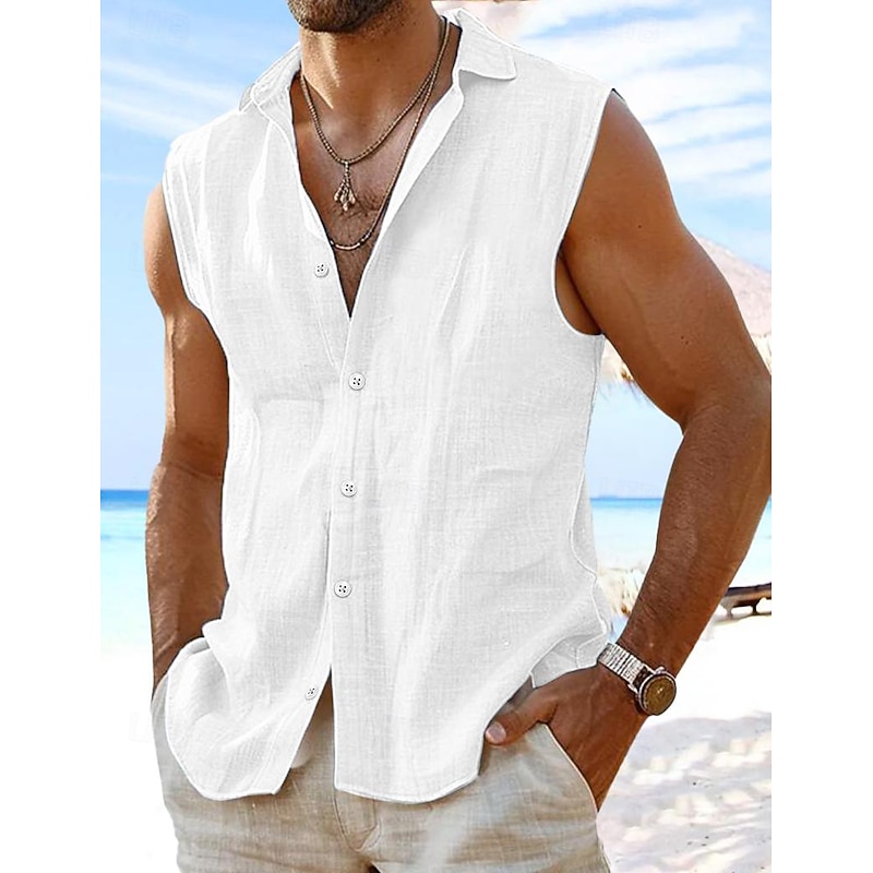 Men's Shirt Linen Shirt Summer Shirt Beach Wear Button Up Shirt Plain Vacation Curise White Pink Light Blue Sleeveless Collar Summer Spring Clothing Apparel4
