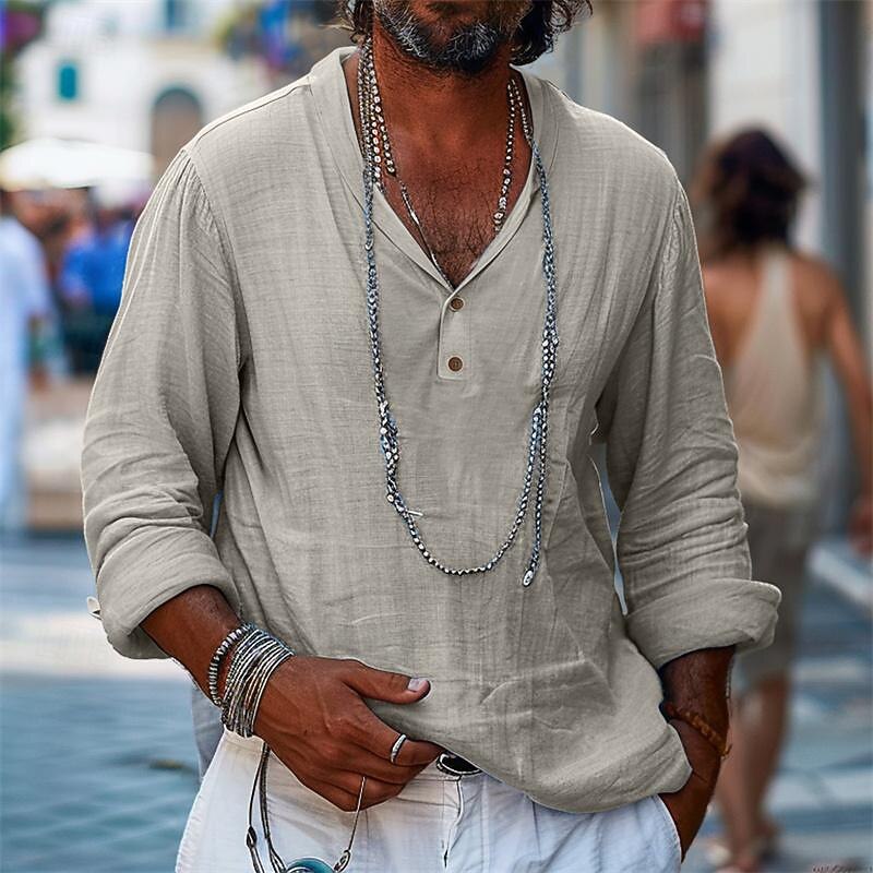 Men's Shirt Linen Shirt Popover Shirt Summer Shirt Beach Wear Plain Vacation Casual Black Khaki Light Blue Long Sleeve Collar Spring & Summer Clothing Apparel3