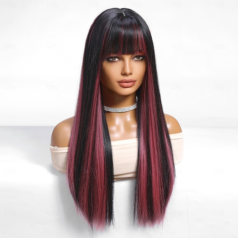 Synthetic Wig Uniforms Career Costumes Princess Straight kinky Straight Middle Part Layered Haircut Machine Made Wig 26 inch Black / Pink Synthetic Hair Women's Cosplay Party Fashion Natural Black3