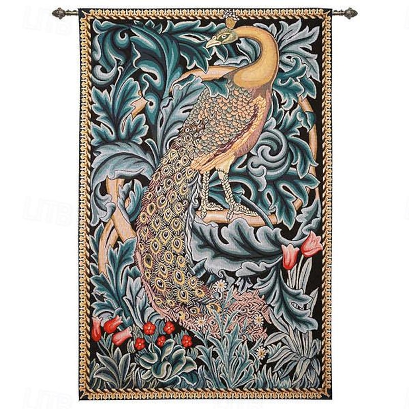 Jacquard Woven Tapestry Gobelin Aubusson Wall Art Hanging Large Tapestry Reproduction Loom Cotton Weave Forest Peacock Belgian Tapestry (without tassels and rod)2