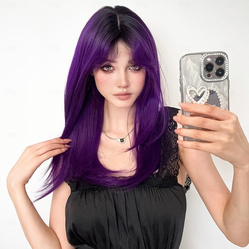 Synthetic Wig Uniforms Career Costumes Princess Straight kinky Straight Middle Part Layered Haircut Machine Made Wig 22 inch Bright Purple Synthetic Hair Women's Cosplay Party Fashion Purple4