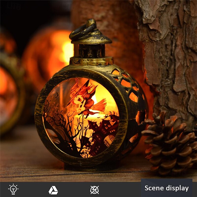 Vintage Halloween Decoration Lantern Electronic Candle Light Lighted Ghost Night Light, LED Light Up Pumpkin Light Ghost Festival Creative Decoration Props Hand-Held Small Oil Lamp 1pc4