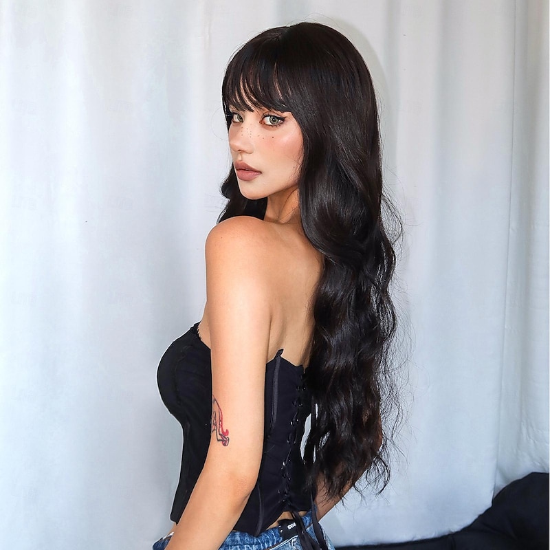 Synthetic Wig Uniforms Career Costumes Princess Curly Wavy Middle Part Layered Haircut Machine Made Wig 28 inch Black / Brown Synthetic Hair Women's Cosplay Party Fashion Dark Brown4