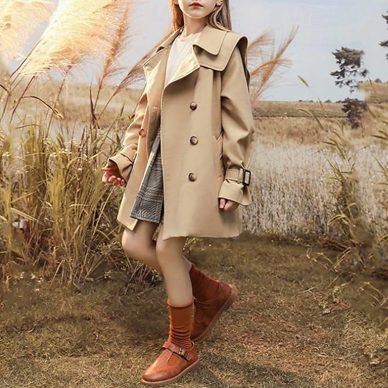 Kids Girls' Trench Coat Coat Outerwear Solid Color Streetwear Pocket Vacation Coat Outerwear 4-12 Years Spring Black Khaki