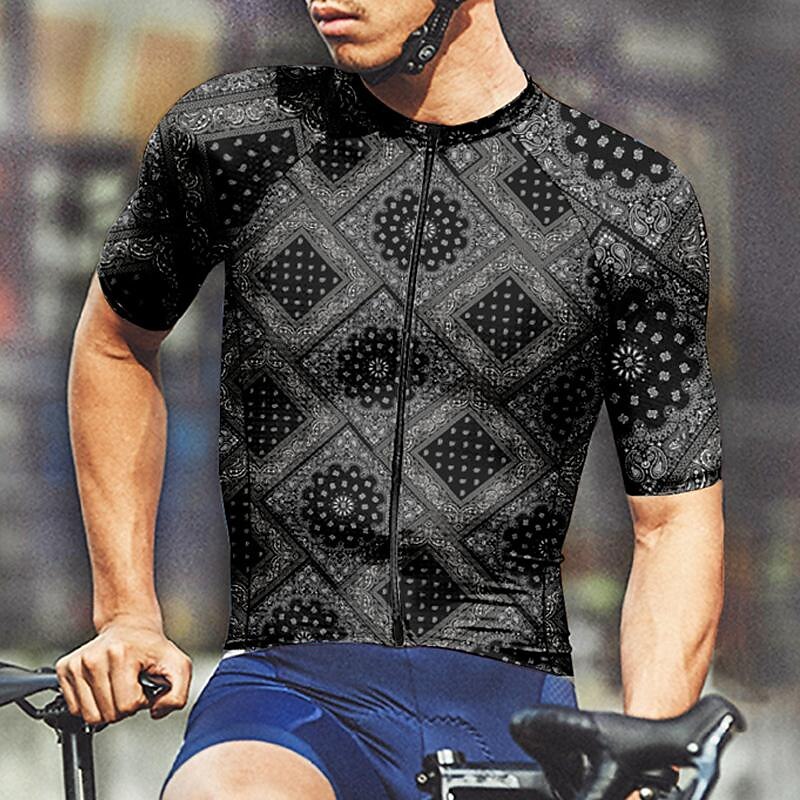 Men's Cycling Jersey Flower Argyle Short Sleeve Bike Tee Tshirt Jersey Top with 3 Rear Pockets Mountain Bike MTB Quick Dry Breathable Sports Black White Clothing Apparel3