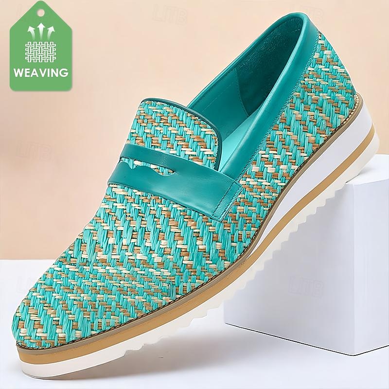 Men's Woven Leather Loafers - Breathable Slip-On Penny Shoes for Casual and Formal Wear
