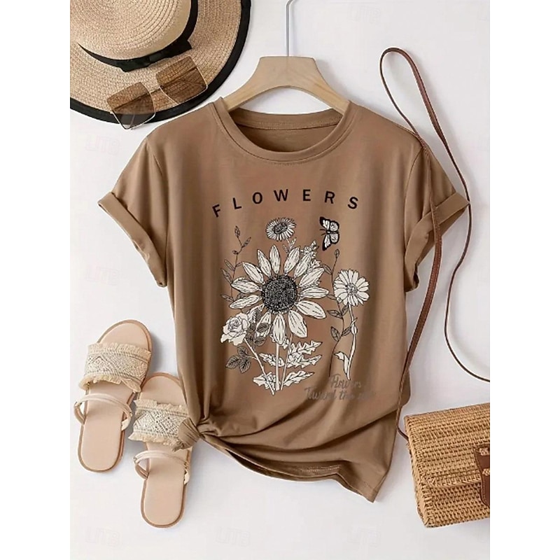 Women's T Shirt Sunflower Daisy Letter Fashion Basic Short Sleeve Crew Neck Regular Tops Daily Weekend Print Pink Green Khaki Summer