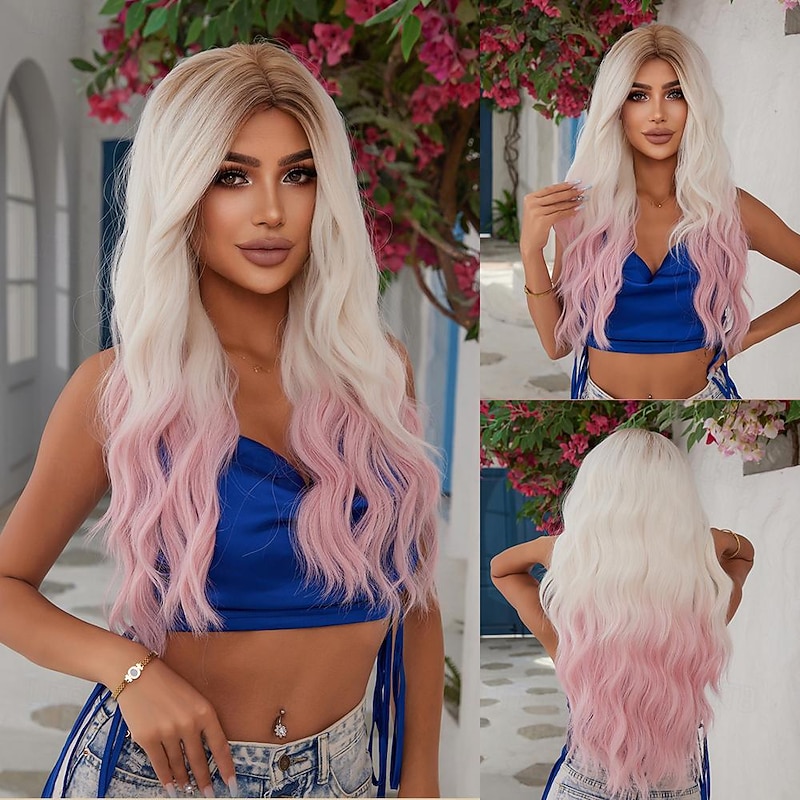 Synthetic Wig Uniforms Career Costumes Princess Straight kinky Straight Middle Part Layered Haircut Machine Made Wig 26 inch Red / White Synthetic Hair Women's Cosplay Party Fashion Pink