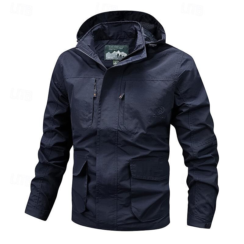 Men's Outdoor Jacket Transition Jacket Hiking Removable Multiple Pockets All Seasons Plain Casual Hooded Regular Black Khaki Dark Blue Gray Jacket2