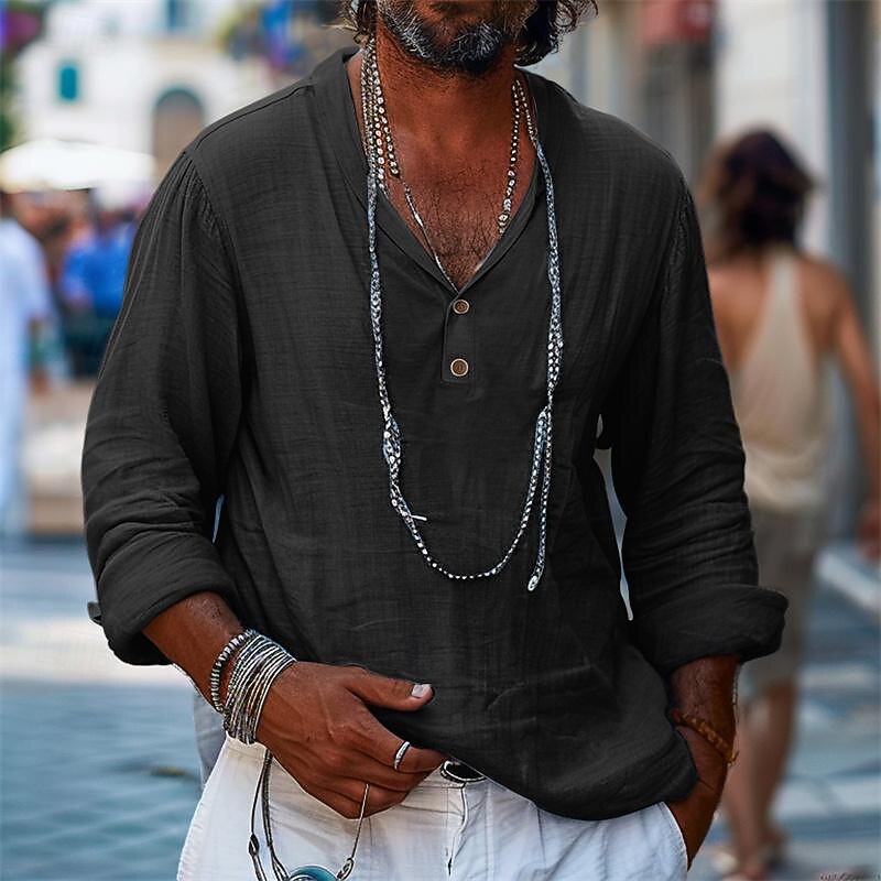 Men's Shirt Linen Shirt Popover Shirt Summer Shirt Beach Wear Plain Vacation Casual Black Khaki Light Blue Long Sleeve Collar Spring & Summer Clothing Apparel4