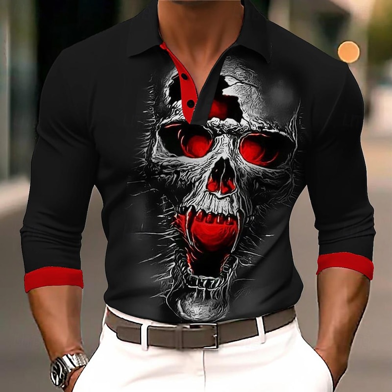 Day of the Dead Men's Skull Polo Shirts Long Sleeve Polo Shirts Collared Shirts Horror Streetwear Festival Wear Party Outfits 3D Print Buttons Fall & Winter Black