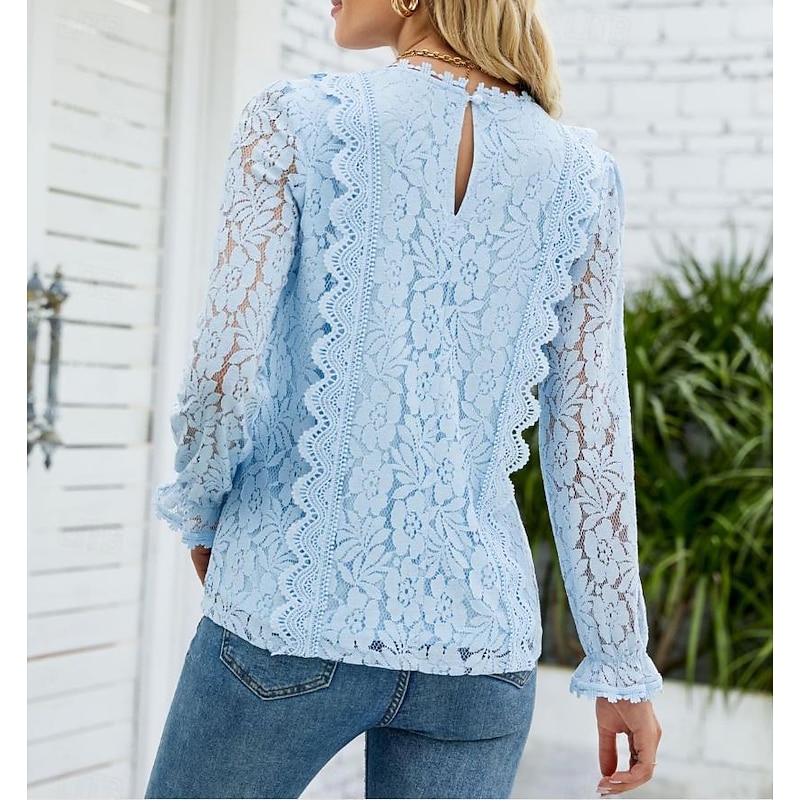 Women's Elegant Lace Tops Eyelet Blouse Elegant Solid Color Lace Eyelet Lantern Sleeve Long Sleeve V Neck Daily Romantic Petite Tops Summer Holiday Wear Pink Sky Blue Green Beige Summer2