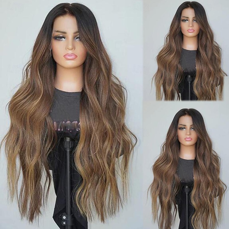 Remy Human Hair 13x4 Lace Front Wig Free Part Brazilian Hair Wavy Brown Multi-color Wig 130% 150% Density Ombre Hair Highlighted / Balayage Hair 100% Virgin For Women Long Human Hair Lace Wig3
