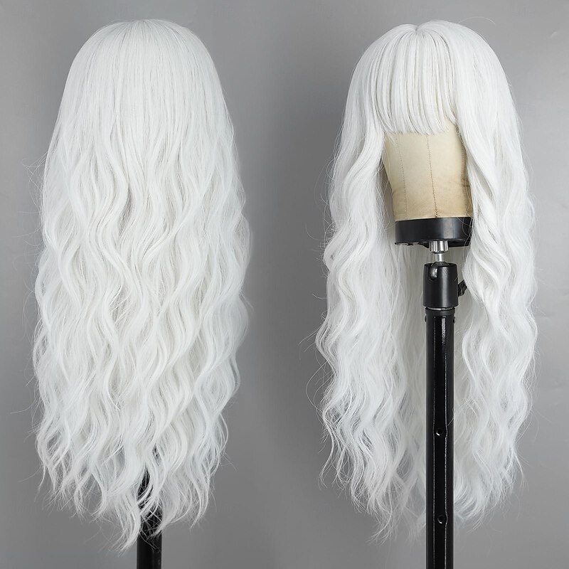 Wig With Bangs Long Wavy Wig For Women Wigs Synthetic Curly wig Natural Looking Heat Resistant Hair For Daily Party Cosplay Use 26 Inches Halloween Wigs2