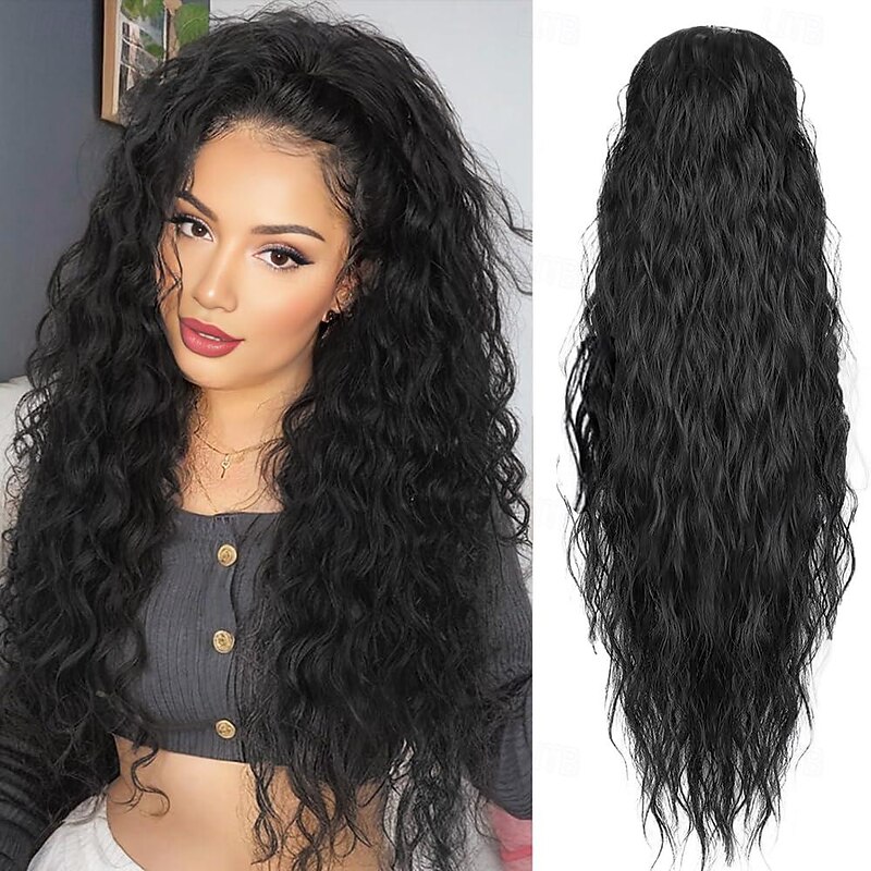 Wavy Curly Ponytail Extension 26 Inch Long Black Drawstring Ponytail Extension for Women Clip in Ponytail Natural Synthetic Hairpiece Thick For Daily Use