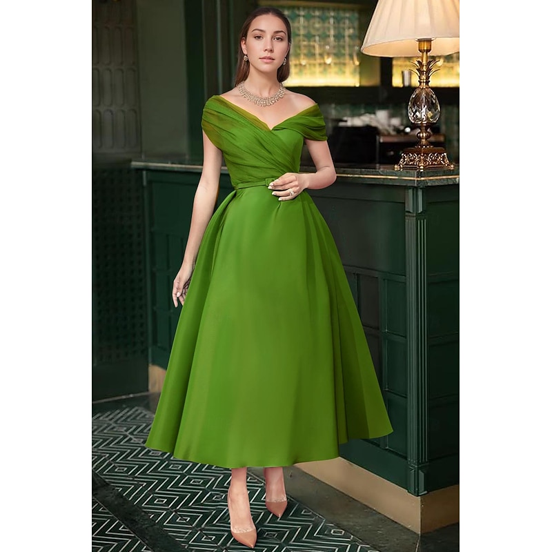 Beach Wedding A-Line Cocktail Dresses Elegant Dress Wedding Guest Summer Ankle Length Sleeveless Off Shoulder Fall Wedding Guest Satin with Ruched Dresses